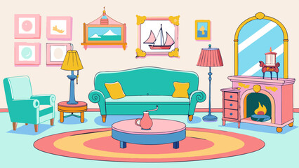 Cozy Living Room Interior with Vibrant Pastel Colors