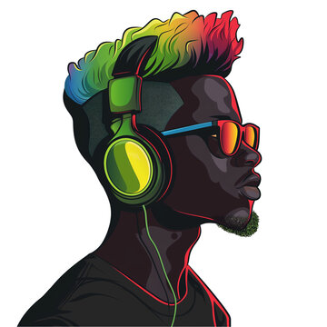 recommend clip art: young african man with rainbow hair wearing headphones and glasses . png . clip art . vector cartoon art style . remove background 