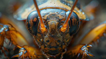 Close up photo of a cockroach's face, negative space