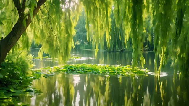 A pond with an abundance of water lilies floating on the waters surface, A tranquil pond surrounded by weeping willows and shimmering green foliage