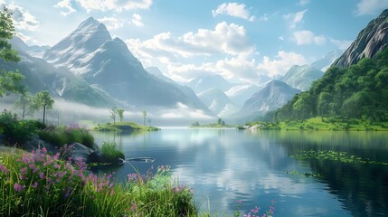 A serene landscape with mountains and a calm lake for a peaceful room