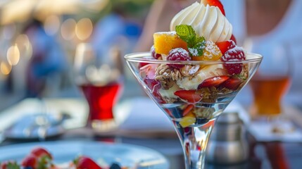 Sumptuous fruit dessert served in elegant glass at outdoor cafe