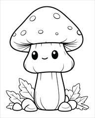 Mushroom coloring pages for kids, Mushroom vector illustration, Black and white