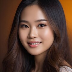 Obraz premium Pretty Asian beauty woman long hair with japanese makeup glowing face and healthy facial skin portrait smile on isolated dark background