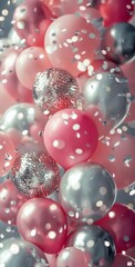 Pink and Silver Balloons With Confetti Falling