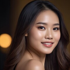 Obraz premium Pretty Asian beauty woman long hair with japanese makeup glowing face and healthy facial skin portrait smile on isolated dark background