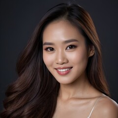 Fototapeta premium Pretty Asian beauty woman long hair with japanese makeup glowing face and healthy facial skin portrait smile on isolated dark background
