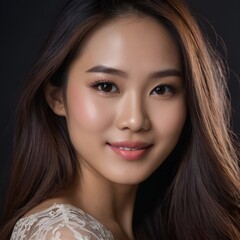 Fototapeta premium Pretty Asian beauty woman long hair with japanese makeup glowing face and healthy facial skin portrait smile on isolated dark background