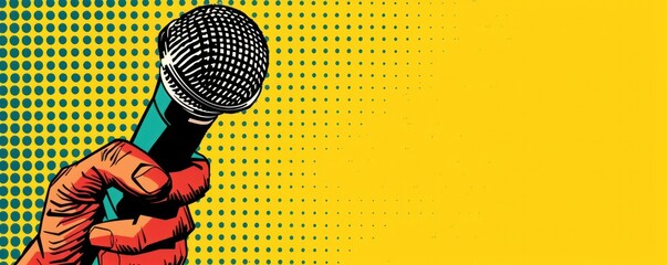 A vibrant pop art illustration of a hand holding a microphone against a yellow halftone background, capturing the energy and style of vintage comic book art.