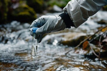A researcher collects water samples from a flowing stream using a test tube.