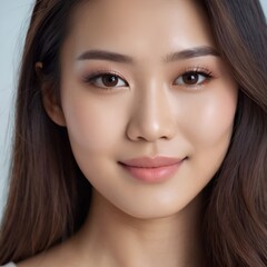 Obraz premium Pretty Asian beauty woman long hair with japanese makeup glowing face and healthy facial skin portrait smile on isolated white background