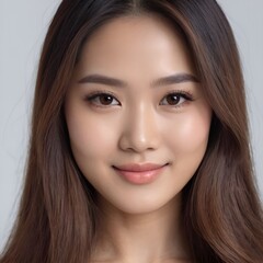 Fototapeta premium Pretty Asian beauty woman long hair with japanese makeup glowing face and healthy facial skin portrait smile on isolated white background