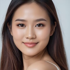 Fototapeta premium Pretty Asian beauty woman long hair with japanese makeup glowing face and healthy facial skin portrait smile on isolated white background