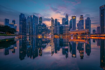 Naklejka premium Modern City Skyline Reflected in a Tranquil River at Twilight - Urban Serenity for Posters or Prints