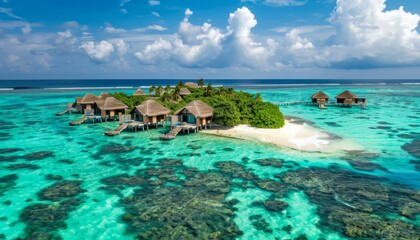 Aerial view of luxury overwater shape resort in Maldives, A dreamy tropical island with white sandy beaches and clear blue water, huts on the sea and a pier to an idyllic beach