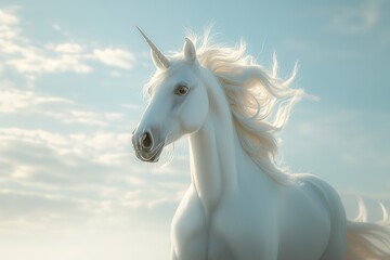 A realistic photo of a white unicorn running against a bright blue sky with clouds.