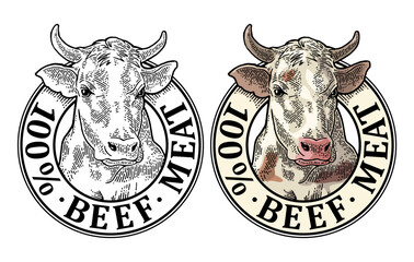 Cows head. 100 percent beef meat lettering. Vintage vector engraving