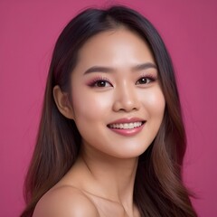 Naklejka premium Pretty Asian beauty woman long hair with japanese makeup glowing face and healthy facial skin portrait smile on isolated light fuchsia background