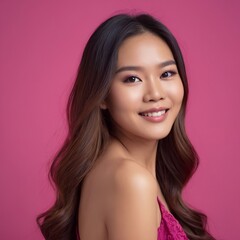 Naklejka premium Pretty Asian beauty woman long hair with japanese makeup glowing face and healthy facial skin portrait smile on isolated light fuchsia background