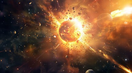 Star explosions in space. Planets in a distant solar system. Technological computer graphics....