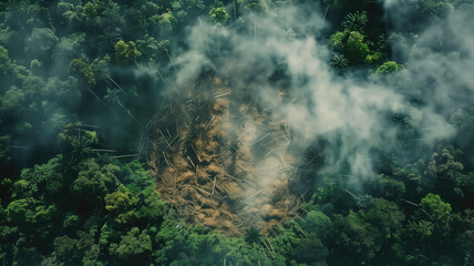 Deforest environmental problem, aerial split image from above top view, logging of rain forest, created with Generative AI