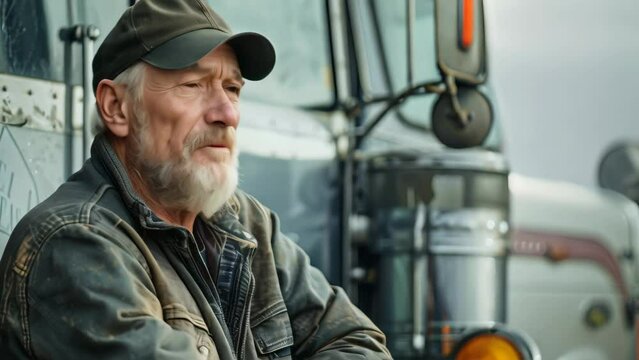 A man in a worn leather jacket standing in front of a tractor, A truck driver in a worn leather jacket, leaning against their rig