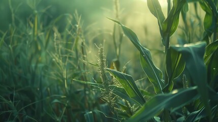 Fototapeta premium Green cornfield. Close up. AI generated.