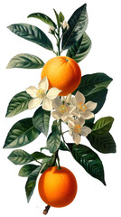 Vintage-style botanical illustration featuring clementine fruit and flowers on transparent background. Retro style. Pastel tones. AI Generated