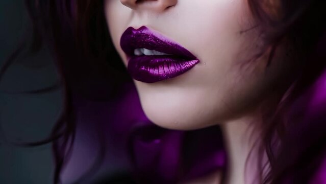 A close-up shot of a woman wearing dark lipstick in a deep rich shade of plum, A vampy lip color in a deep, rich shade of plum