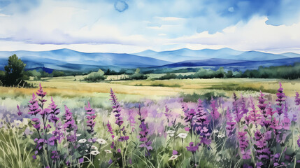 Obraz premium Watercolor landscape with wildflowers and mountains
