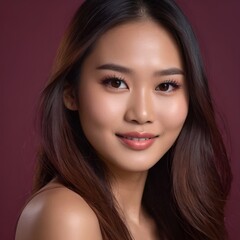 Fototapeta premium Pretty Asian beauty woman long hair with japanese makeup glowing face and healthy facial skin portrait smile on isolated wine red background