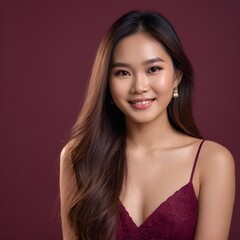 Obraz premium Pretty Asian beauty woman long hair with japanese makeup glowing face and healthy facial skin portrait smile on isolated wine red background