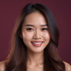 Fototapeta premium Pretty Asian beauty woman long hair with japanese makeup glowing face and healthy facial skin portrait smile on isolated wine red background
