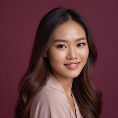 Fototapeta premium Pretty Asian beauty woman long hair with japanese makeup glowing face and healthy facial skin portrait smile on isolated wine red background
