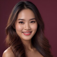 Obraz premium Pretty Asian beauty woman long hair with japanese makeup glowing face and healthy facial skin portrait smile on isolated wine red background