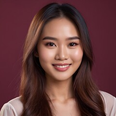 Fototapeta premium Pretty Asian beauty woman long hair with japanese makeup glowing face and healthy facial skin portrait smile on isolated wine red background