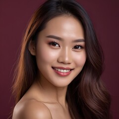 Fototapeta premium Pretty Asian beauty woman long hair with japanese makeup glowing face and healthy facial skin portrait smile on isolated wine red background