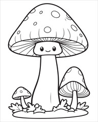 Mushroom coloring pages for kids, Mushroom vector illustration, Black and white