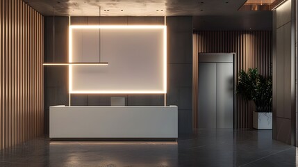 contemporary corporate or business office, fine dining restaurant branding white empty blank neon sign frame mockup template for identity logo branding at modern reception wall background