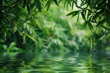 Naklejka premium Serenity in nature, this image of lush green leaves reflected on calm water evokes peace. Excellent for backgrounds, nature themes, or relaxation visuals. Modern and tranquil landscape style