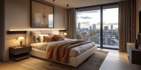 Modern apartment in London UK with a fully furnished bedroom, Generative AI