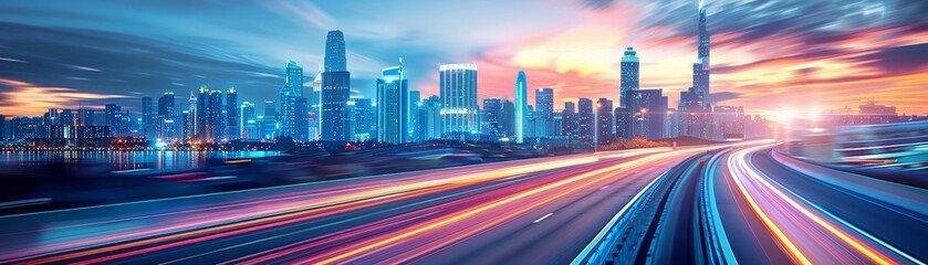 Obraz premium Cityscape Symphony, A mesmerizing blend of skyscraper silhouettes and vibrant light trails, capturing the energy of a bustling metropolis at twilight.