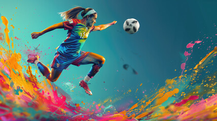 Dynamic FIFA Women's World Cup illustration with a jumping female player and vibrant paint splashes. Generative AI