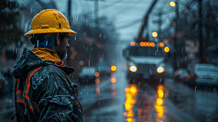 electric company worker wearing safety gear repairing a power line after a storm. A utility truck with a lift crane is clearly visible in the background
