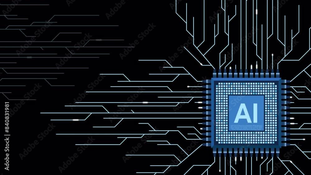 Poster artificial intelligence micro chip animation. quantum computing. digital technology artificial intel