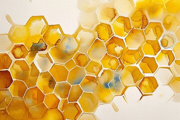 painting in watercolor with a continuous honeycomb design. Yellow honeycombs in an adorable abstract backdrop on a white background. design for textiles, wrapping paper, and wallpaper. Generative AI