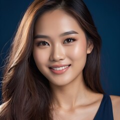 Obraz premium Pretty Asian beauty woman long hair with japanese makeup glowing face and healthy facial skin portrait smile on isolated dark blue background