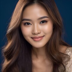 Fototapeta premium Pretty Asian beauty woman long hair with japanese makeup glowing face and healthy facial skin portrait smile on isolated dark blue background