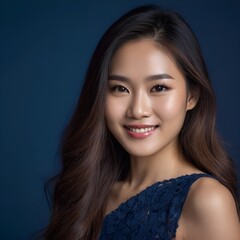 Obraz premium Pretty Asian beauty woman long hair with japanese makeup glowing face and healthy facial skin portrait smile on isolated dark blue background