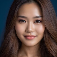 Fototapeta premium Pretty Asian beauty woman long hair with japanese makeup glowing face and healthy facial skin portrait smile on isolated dark blue background